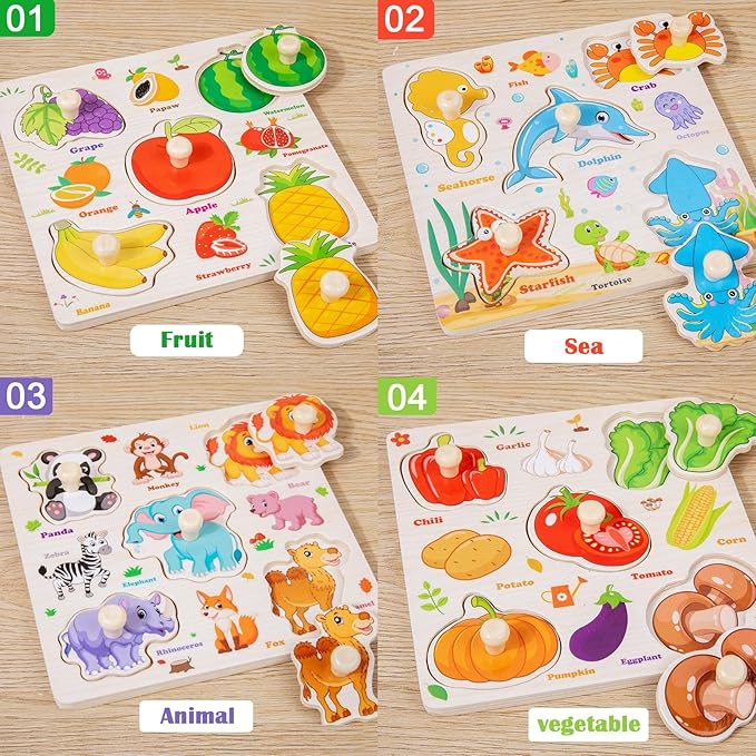 Wooden Puzzle for Toddler 1-3, 8Pcs Peg Puzzles for Toddler 2-4, Learning Puzzles Set, Wooden Puzzles Peg-Animals, Dinosaur, Fruits, Vegetable, Insect Great Preschool Gifts for Girls Boys