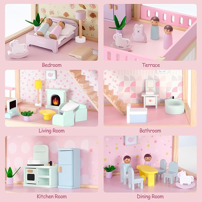 Large Wooden Dollhouse, 3-Story Doll House with 38-Pcs Furniture & Accessories, Open-Concept Floors, Balcony, Flip-Over Snow Roof, Pretend Play Doll House Gift for Kids Ages 3+