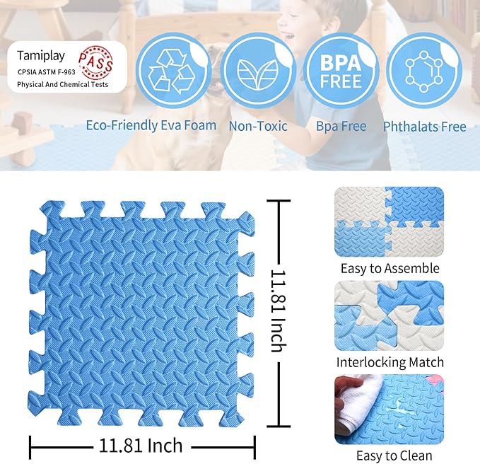 Foam Play Mat for Baby, 0.4 Inch Thick Foam Interlocking Floor Mats, Soft Non-Toxic Baby Playmat, Solid Colored Puzzle Play Mat Kids Floor Mats for Toddler, 16 Tiles(White/Light Blue/Blue)