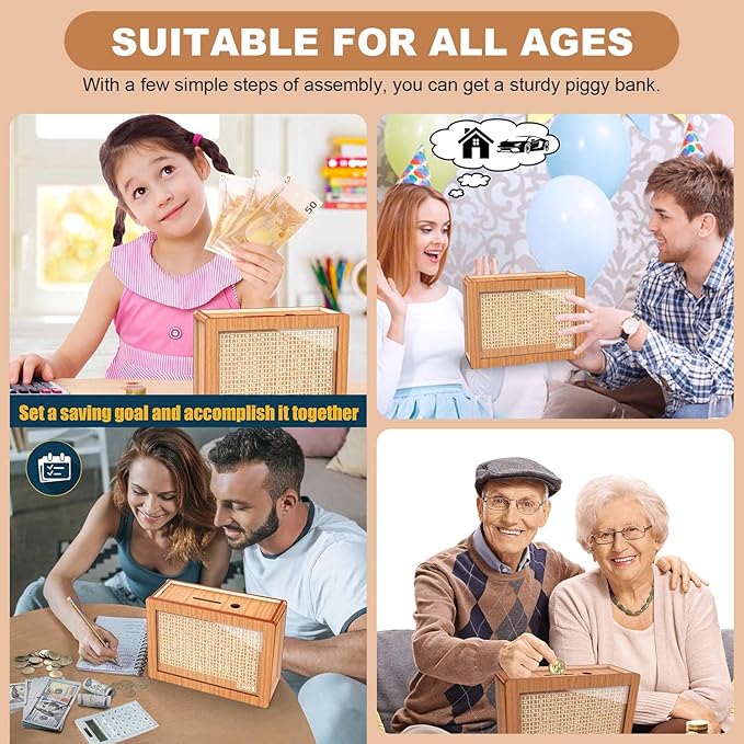 Piggy Bank for Adults Kids, Wooden Coin Bank for Boys and Girls, Cash Vault Money Saving Box with Counter $3000 Savings Challenge Money Box with Money Target and Numbers (Brown, $3000)