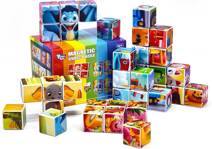 Magnetic Blocks Toys for Toddlers, Pack of 6 Random Themed Puzzles Bundle, Total 36 PCS of Blocks in 36 Patterns, Magnetic Tiles for Kids Ages 3-5, Preschool STEM Educational Sensory Toys