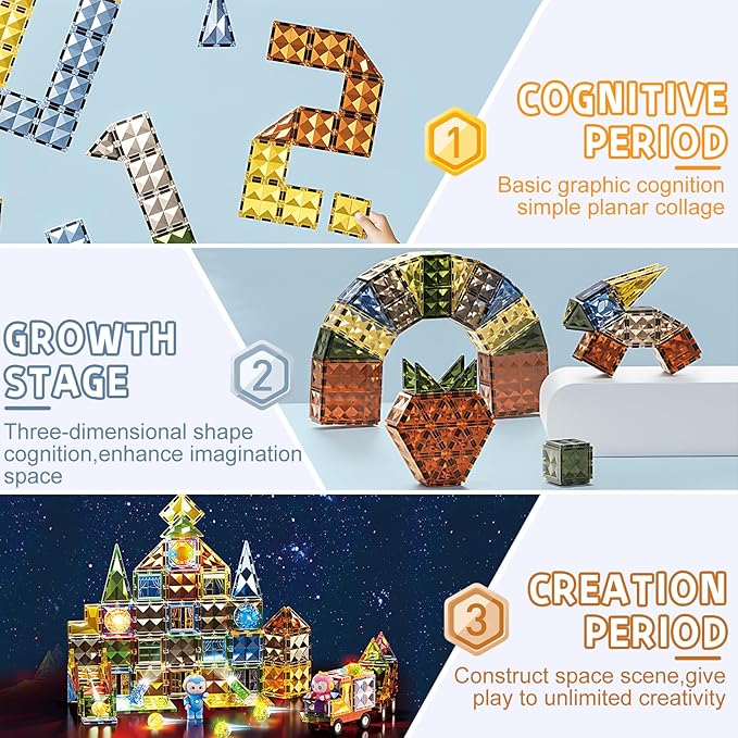 Deluxe Quality Magnetic Tiles Building Set with Attractive Reflective Pattern, LED Lights, Marble Run, and Cars - STEM Educational Toy for Creative Kids Girls Boys 3+ (110 pcs Castle)
