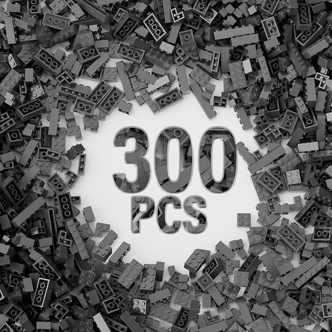 300Pcs Building Brick Bulk, Dark Gray Bulk Bricks with 5 Sizes, Compatible with Lego and Parts and Pieces, Creative Halloween Christmas Building Block Toys for Boys Girls Ages 6 7 8 9 10 Years Old