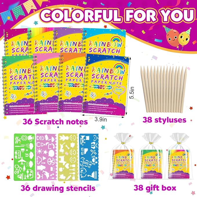Party Favors for Kids 4-8-12: 36 Pack Scratch Rainbow Art Notebook, Colorful Crafts Goodie Bags Kit, Bulk Gifts for Valentines Easter Basket Stuffers Birthday Girl Boy Children Classroom Prizes