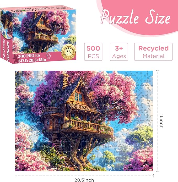 500 Piece Puzzle for Adults Puzzle, Pink Tree House Jigsaw Puzzle 500 Pieces, Colorful Flower Jigsaw Puzzles for Adults Seniors, Challenging Family Games Holiday Party Gifts 20.5×15 in