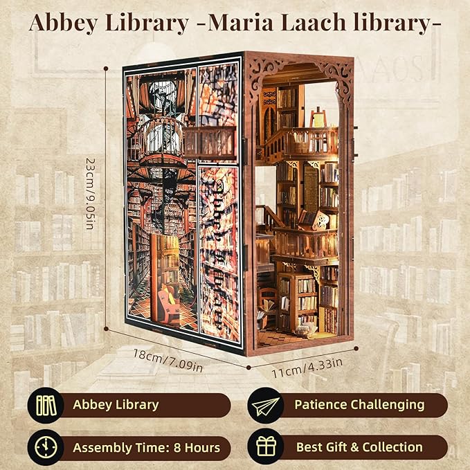 Book Nook Kits for Adults, DIY Book Nook Kit Miniature House Dollhouse Kit, 3D Wooden Puzzle Booknook Bookend Bookshelf Decor Model Build with Dust Cover (Abbey Library)
