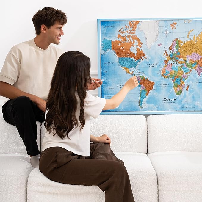 Canvas World Map with Cork Pin Board - English Lettering - Decorative Wall Decoration for All Rooms - Canvas Pictures with World Map Motif (150x100 cm, Pattern 21)