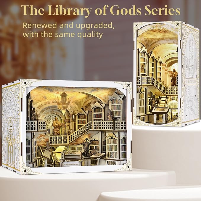 Book Nook Kit, DIY DIY Miniature Dollhouse for Adults, Beyond Library 3D Wooden Puzzle Bookend Bookshelf Insert Decor with LED Light Gifts for Book Lovers (Library of Gods Max)