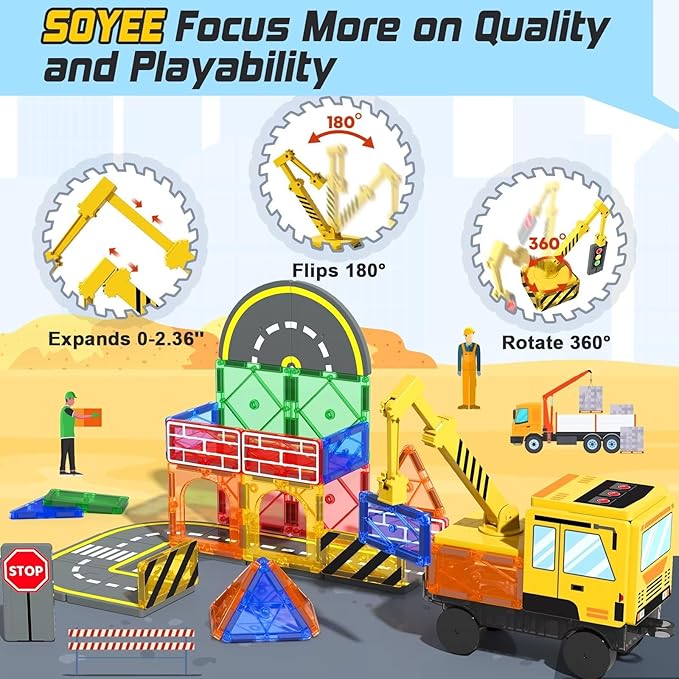 Magnetic Tiles Magnetic Building Blocks Crane Truck STEM Building Toys for Kids 3 4 5 6 7 8 Year Old Boys Girls Birthday Xmas Gifts