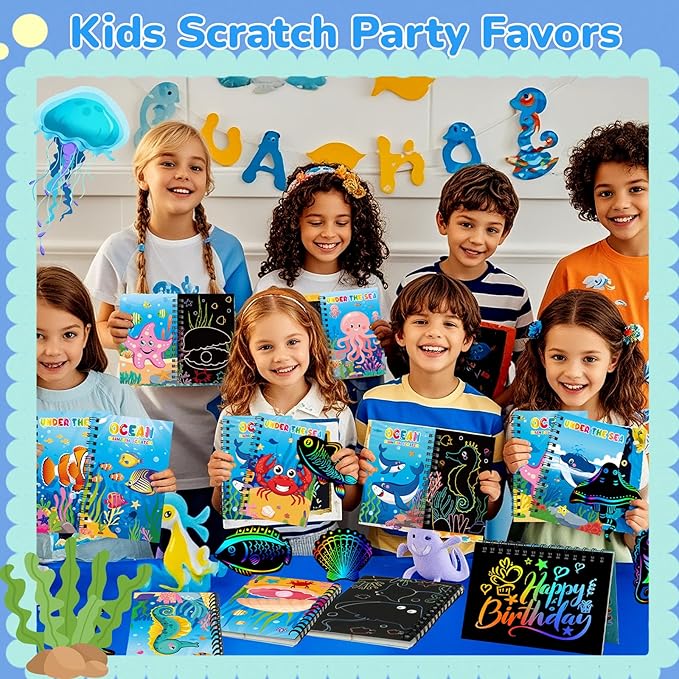 24 Pack Under the Sea Scratch Art Party Favors for Kids - Rainbow Scratch Paper with Ocean Animals Scratch Off Cards Easter Birthday Goodie Bags Stuffers - Return Gifts DIY Classroom Prizes