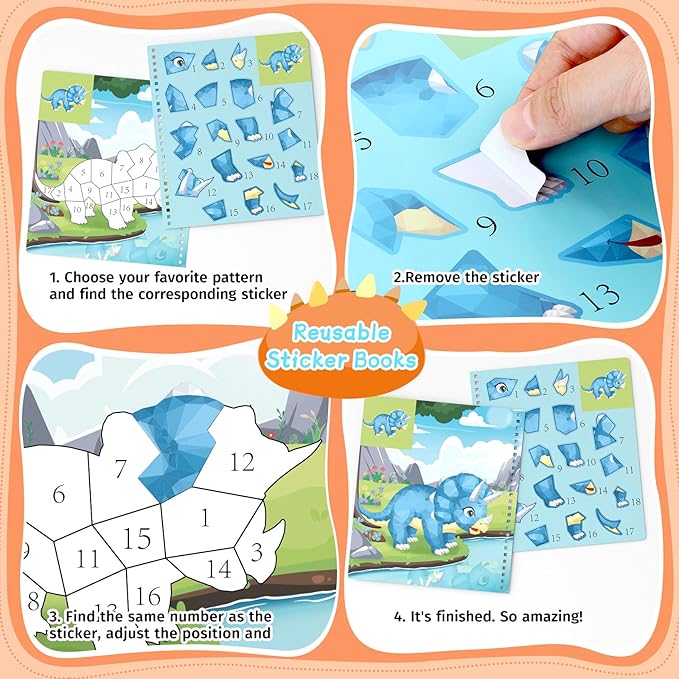 PERRYHOME 3PCS Sticker by Number Paint Books for Kids Ages 4-8, Dinosaur Animal Space Themes Sticker Activity Books, Boys Crafts Party Birthday Christmas Gifts Toys