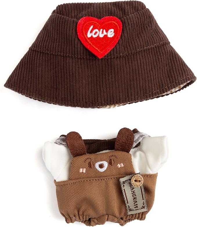 17cm Clothes for Labubu Doll - Kawaii Chic Style Set for 17cm Dolls, Cute Doll Outfit with Accessories - Brown Puppy Romper + Puppy Shirt + Heart Shaped Brown Hat (Clothes Only)