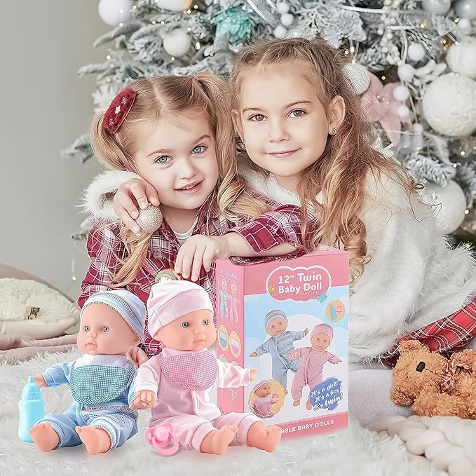 SMILESSKIDDO Twin Baby Dolls - 12 inch Two Soft Body Doll with Rompers, Hat and Pacifier, Doll Bibs, Dolls Play Set for 2 3 4 5 Year Old Boys and Girls Gift