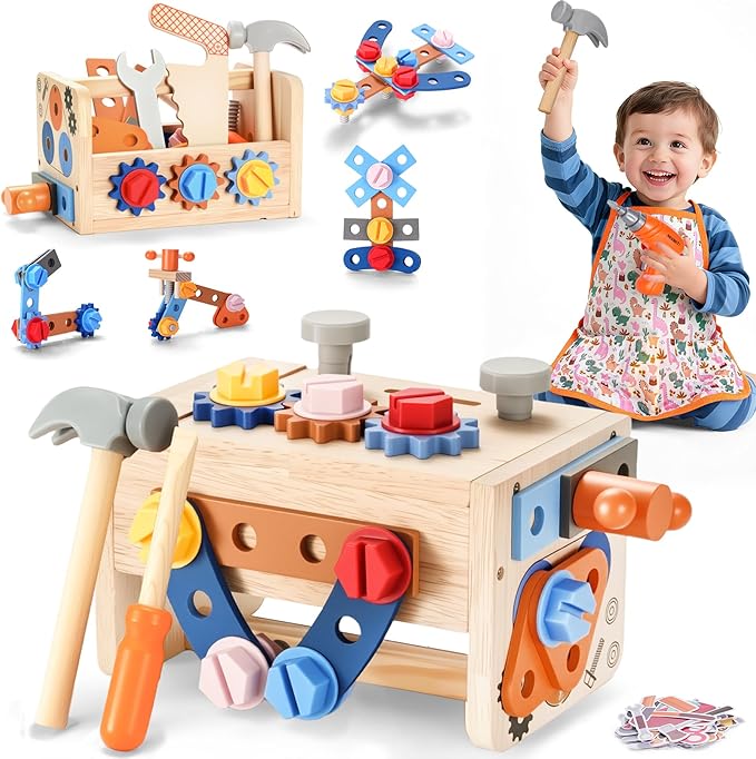 REXBETI Kids Tool Set, 43Pcs Wooden Toddler Tool Bench with Electric Drill, Apron and A Pack Stickers(50pcs), Montessori Construction Toddler Tool Set