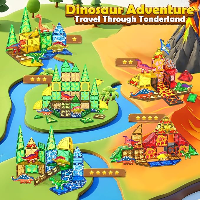 102PCS Dinosaur Toys Magnetic Tiles with 8 Dinosaurs for Kids 3-5 5-7, Jurassic Scenes Dinosaur World Set, Magnetic Blocks Kids Sensory Toys for Boys & Girls Ages 3+, Classroom Must Haves