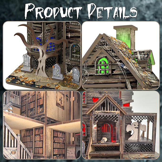 3D Wooden Puzzle Haunted House Model Set - Miniature Haunted House Kits with Led Accessories Furniture, Suitable for Adults and Teenagers to DIY Halloween Horror Doll House Craft Gifts.