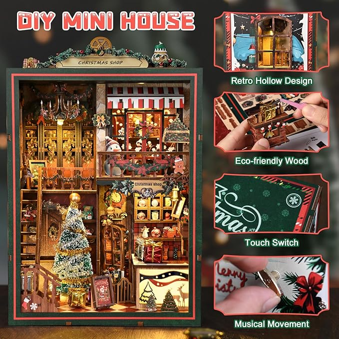 Domigard Book Nook Kit - DIY Miniature House Kit Bookshelf Decor 3D Wooden Dollhouses for Adults Teens LED Book Nook Kits for Adults Unique Birthday Christmas Gift for Family and Friends