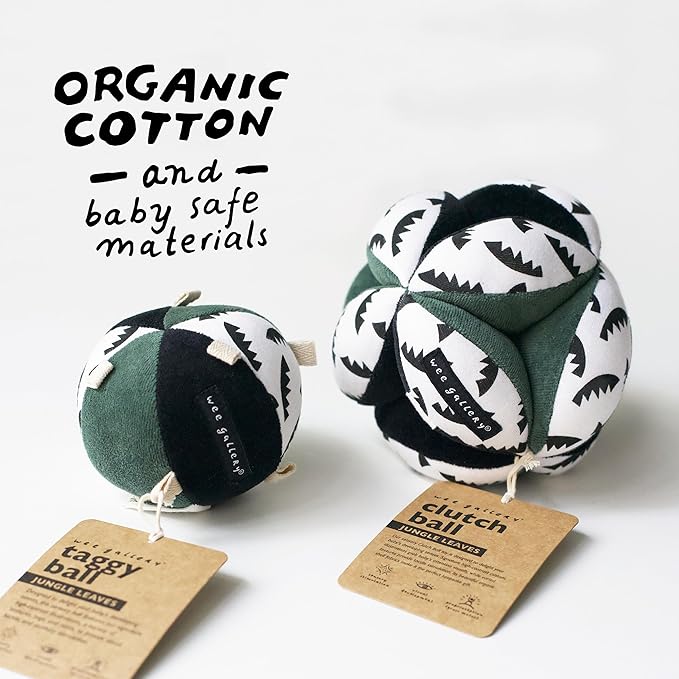Wee Gallery Taggy Ball with Rattle, Soft Sensory Baby Toy, Sensory Ball with Organic Cotton Fabric, Little Tags & Gentle Rattle for Tummy Time, Grasping & Developmental Play, Jungle
