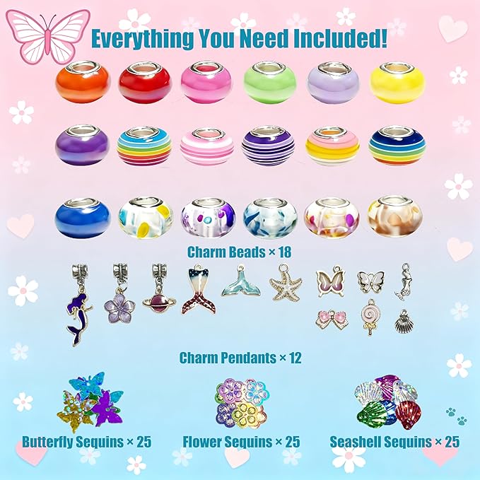 GO2HEJING Charm Bracelet Making Kit for Girls, Jewelry Making Kit for Girls 8-12, Ear Cuff/Necklace Craft Kit, Cute Face Temporary Tattoos for Kids, Mermaid Toys for Teenage Birthday Gift (Ocean)
