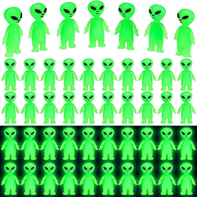 25 Pcs Mini Alien Figures Glow in The Dark Small Little Tiny Aliens Figurine to Hide and Seek for Space Party Favors Prank Rubber Toys Bulk Gifts for Halloween Party Goodie Bag Fillers