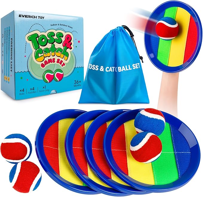 EVERICH Upgraded Toss and Catch Ball Game Set, Outdoor Games for Family Outdoor Toys Yard Games, Beach Pool Toys Camping Game for Adults Family with 4 Paddles 4 Balls, Great Gifts Idea