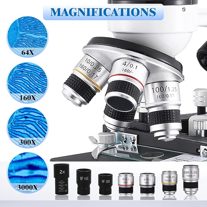 Compound Binocular Microscopes 64X-6000X with Electric Len, Microscope for Adults Kids Students, 4 Objective Lens, Biological Microscope Kit for School, Lab