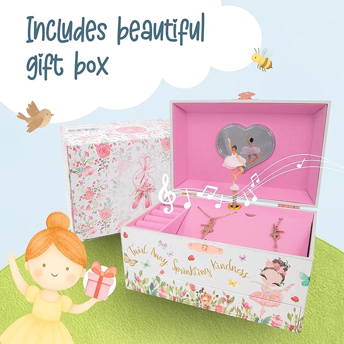The Memory Building Company Ballerina Musical Jewelry Box, Classic Melody, Storage Organizer Kids Ages 6-12, Wood Construction w/ 2 Compartments
