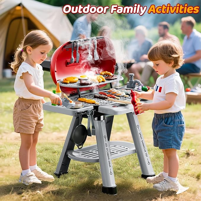 Kids Grill Playset for Toddlers 3-5, 2-Layer Outdoor BBQ Cooking Toy with Smoke, Lights and Sounds, Backyard Pretend Play Kitchen Set, Outside Toys for Boys and Girls