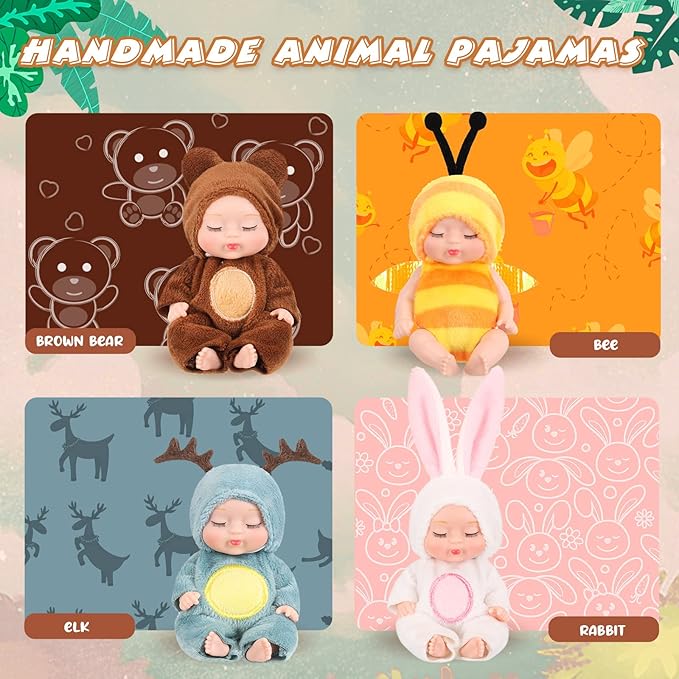 Hanaive 4 Pcs 4 Inch Mini Baby Dolls Lifelike Realistic Baby Dolls Animal Clothes Cute Tiny Gifts for Kids Birthday Party(Cute Style)
