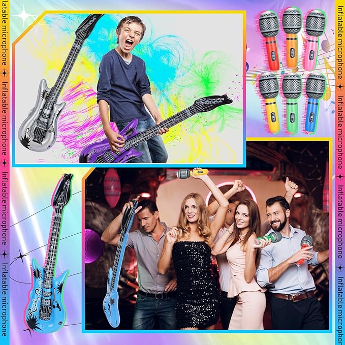36 Pcs Colorful Inflatable Instruments Rock Star Toy Set Including 12 Pcs Plastic Microphones, 24 Inflatable Guitars and 2 Inflator for Musical Concert Themed Party Decoration