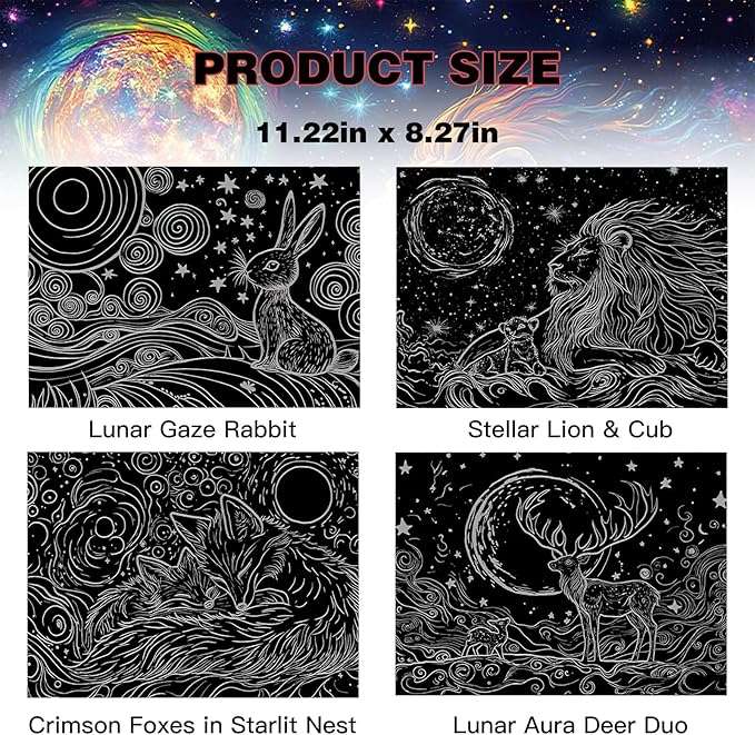 Glow in The Dark Scratch Art Paper,4 Sheets Rainbow Noctilucent Scratch Painting Kit for Adults & Teens,DIY Art Craft (Starry Animals)