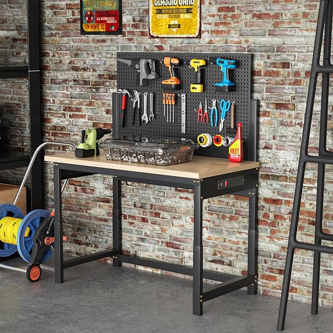 Workbench with Pegboard, Adjustable Height Work Bench Heavy Duty Work Station Table with Power Outlets Work Benches for Garage, Workshop, Home, Office(47.2 inch Wide)