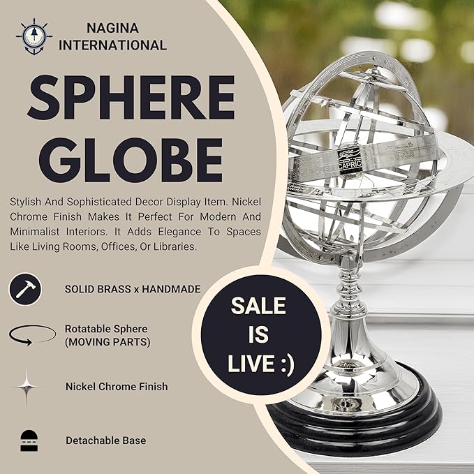 Antique Vintage Zodiac Armillary Brass Sphere Globe Wooden Display | Pirate's Antique Ship Decor | Nagina International (Medium, Nickel Plated)