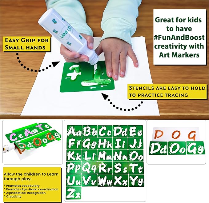 8 Washable Non-Toxic Dot Art Marker for Children Early Education, Fun Art Bingo Daubers Supplies with Alphabet Stencils and Activity Sheets