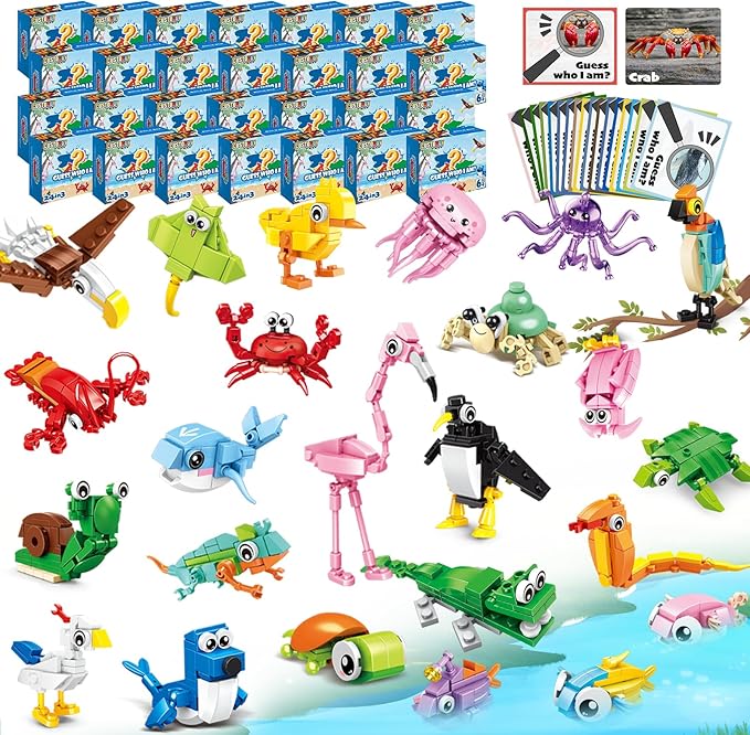 24 Packs Party Favors for Kids – 779 PCS 6-in-1 & 12-in-1 Animal Building Blocks Set with Animal Cards – Goodie Bag Fillers, Classroom Prizes, Birthday & Christmas Gifts for Kids Ages 6-12