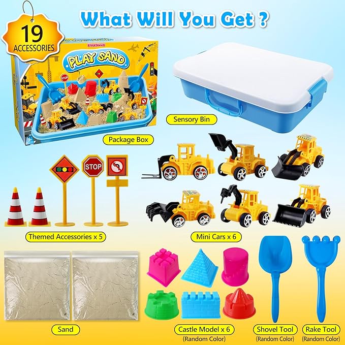 ESSENSON Sensory Bin, Dinosaurs Kit with Sensory Sand, Play Sand Pretend Play Beach Toy, Sandbox for Girls and Boys
