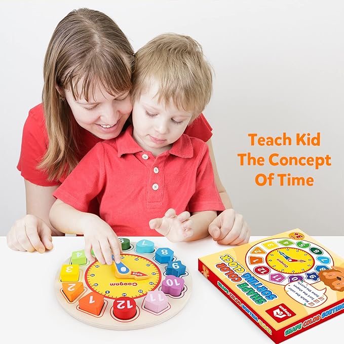 Coogam Wooden Shape Color Sorting Clock – Teaching Time Number Puzzle Stacking Sorter Jigsaw Montessori Early Learning Educational Toy Gift for Year Old Kids