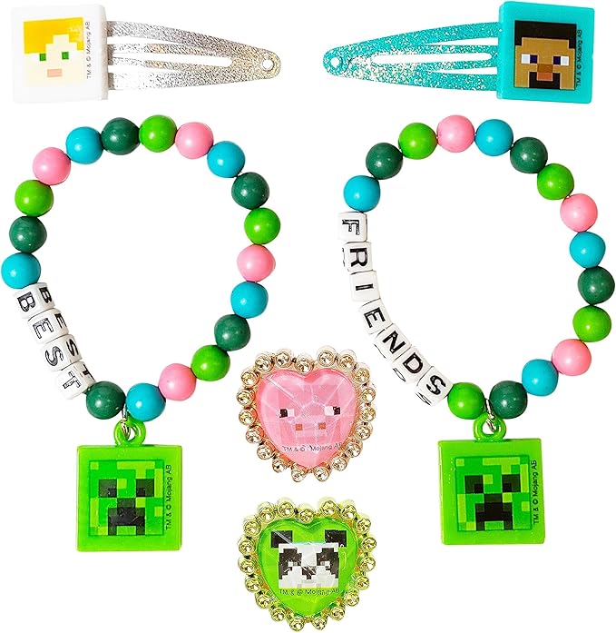 LUV HER Minecraft Girls BFF 6 Piece Toy Jewelry Box Set with 2 Rings, 2 Bead Bracelets and Snap Hair Clips Ages 3+