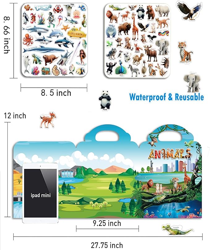 2pack Reusable Sticker Books for Kids 2-4,Vehicle Cars & Animals 3D Jelly Stickers Activity Busy Book for Toddlers Boys Girls Road Trip Airplane Train Car Travel Essentials Toy - 112pcs Stickers