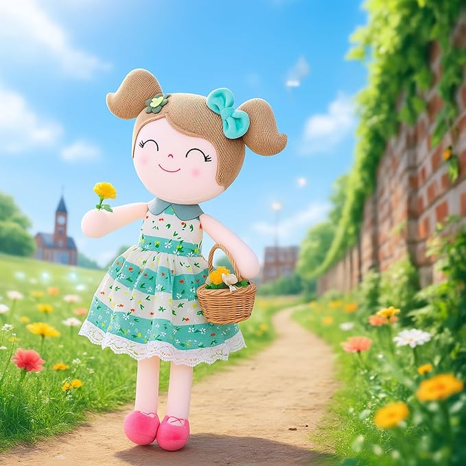 Gloveleya Baby Girl Gifts – Soft First Plush Doll with Gift Box, Spring Green Dress 16 Inch, Snuggly Birthday Present, for Toddler Girls