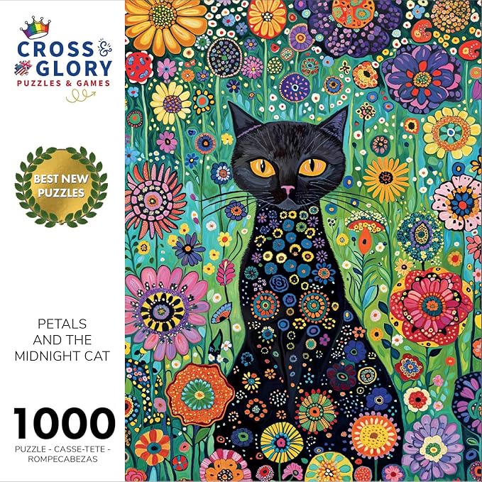 Cross & Glory - Petals and The Midnight Cat - 1000 Piece Jigsaw Puzzle for Adults | Satin-Finish | Vibrant Garden & Cat Theme | Challenging & Artistic Puzzle Game