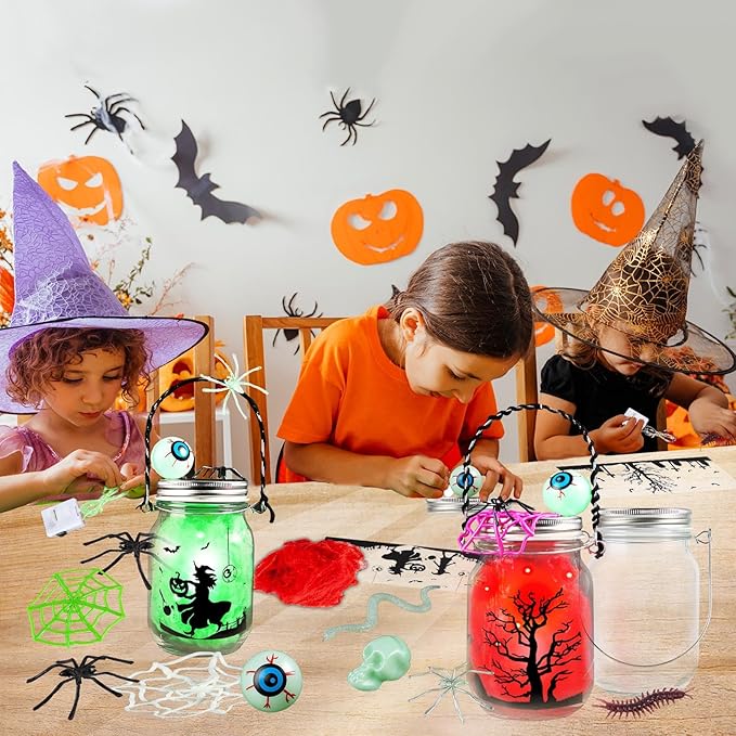 Halloween Craft for Kids,4PCS Halloween Mason Jar Kit with Accessories for Kids DIY,Halloween-Theme Art Activities Supplies Gifts for Kids Aged 4-12,Party Decoration Classroom Trick or Treat