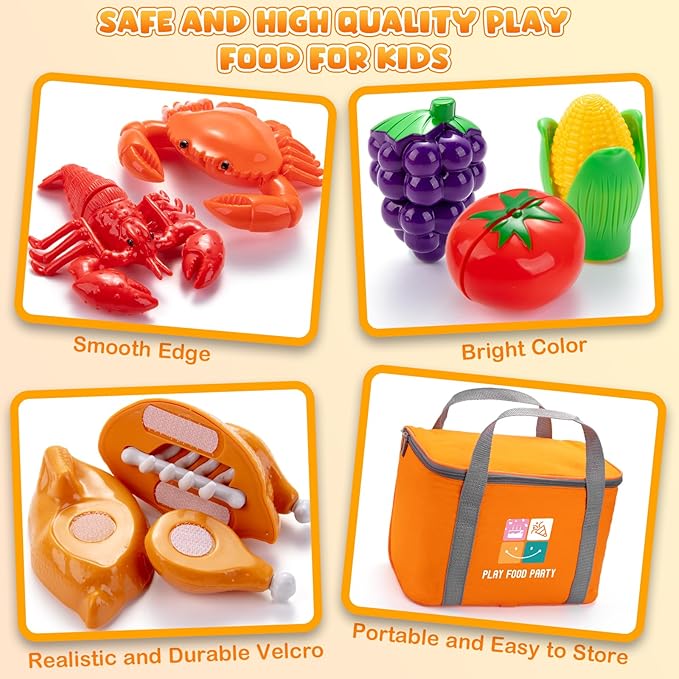 Juboury Pretend Play Food Set for Toddlers, Cutting Toy Food with Storage Bag, Stainless Steel Tray and Plates, Food Toys with Veggies, Fruits, Dessert, Pizza Toy, Play Kitchen Accessories for Kids