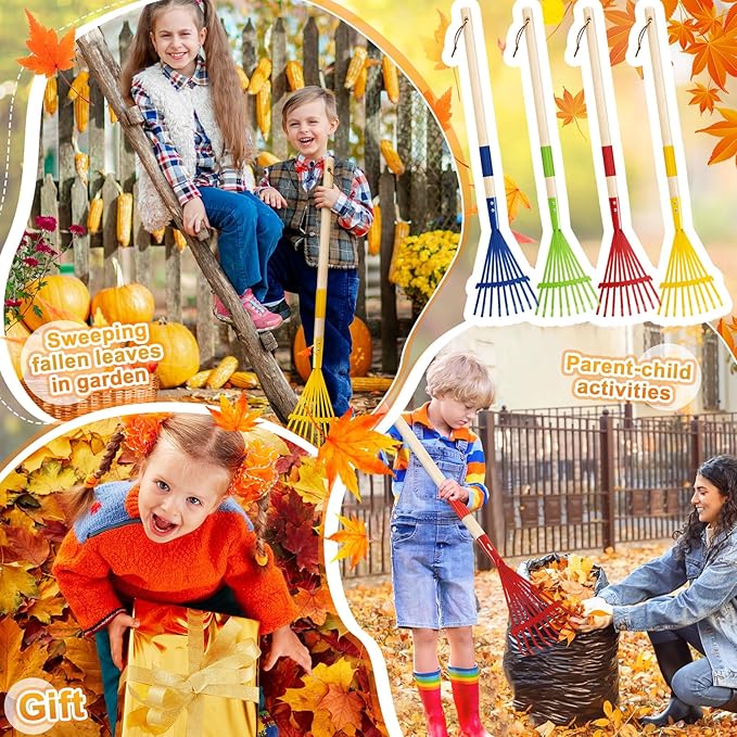 Suclain 4 Pcs Kids Rake with Hardwood Handle Small Child Size Multicolor 28'' Mini Rake for Leaves Lightweight for Children Garden Leaf Yard Tools Gifts