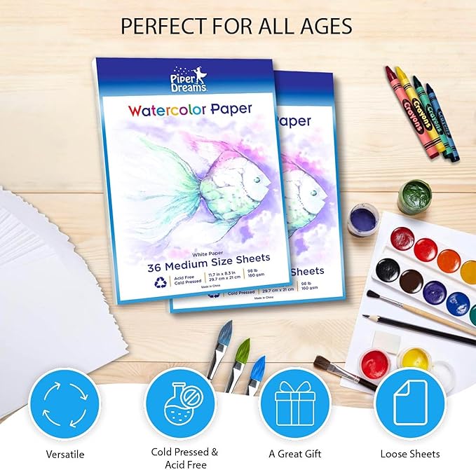 108 Sheets of Art Paper (11.7" x 8.3") Perfect as Watercolor Paper, Drawing, Sketching & Finger Painting - Ideal for Kids, Adults & Water Color Paper Sets. Save with a Bulk Pack of Loose White Sheets