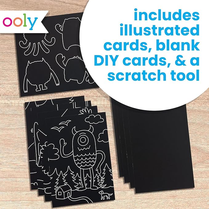 Ooly Scratch & Scribble 10pc Art Kit with 8 Total Scratch Cards (4 Illustrated, 2 Blank, 2 Rainbow) with Scratching Tool and Sparkled Stickers, Art Set Gifts for Kids - Monster Pals