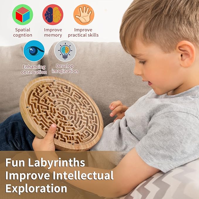 Round Wooden Labyrinth Board Game - Marble Maze for Education and Fun, Toddler Activity Board, Brain Teaser Puzzle Logic Game with Two Metal Balls for Kids, Adults, Teens, Boys, and Girls