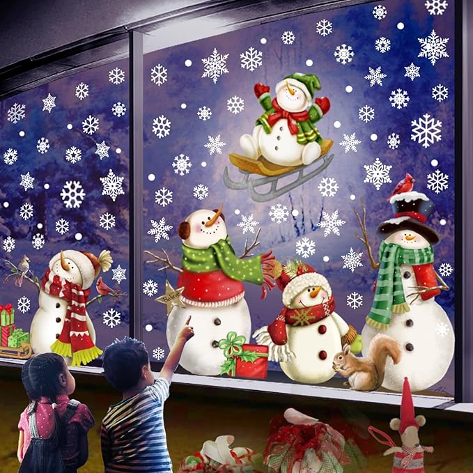 Christmas Snowflake Stickers，Snowman Decals，Window Stickers for Windows Glass，Winter Window Cling，Christmas Decorations Holiday,Christmas Window Clings (Snowman)