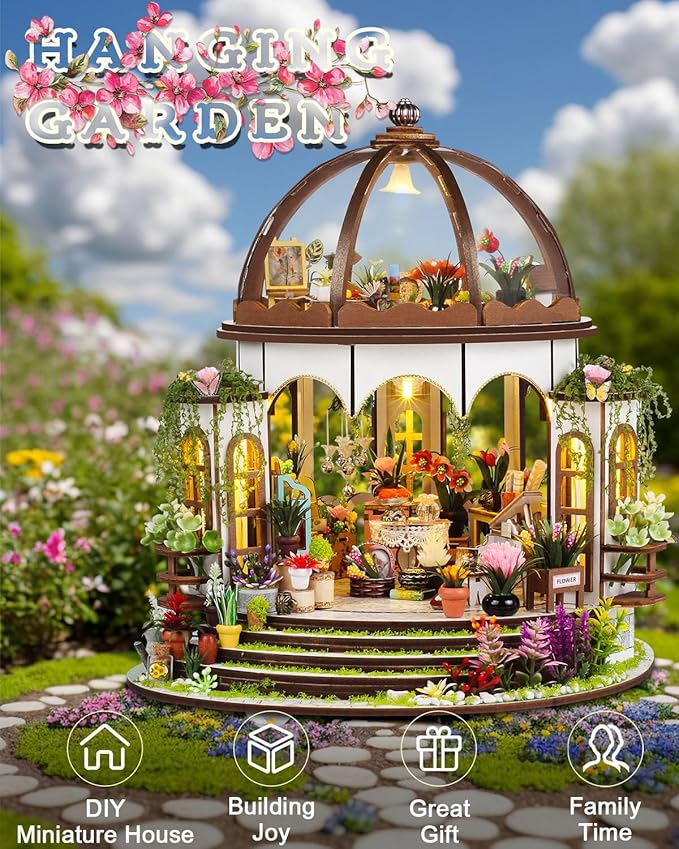 Miniature House Kit Hanging Garden, DIY Miniature Dollhouse Kit for Adults with Furniture & LED Lights, Wooden Craft Gifts for Adults Women Teens