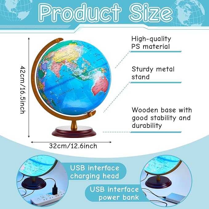 Amylove 13'' Illuminated World Globe for Adults 720°/360° Rotation Rewritable Light Up Globe with Stand World Map for Interactive Learning Light with Base Lamp LED Decor (Brown Wood,Classic)